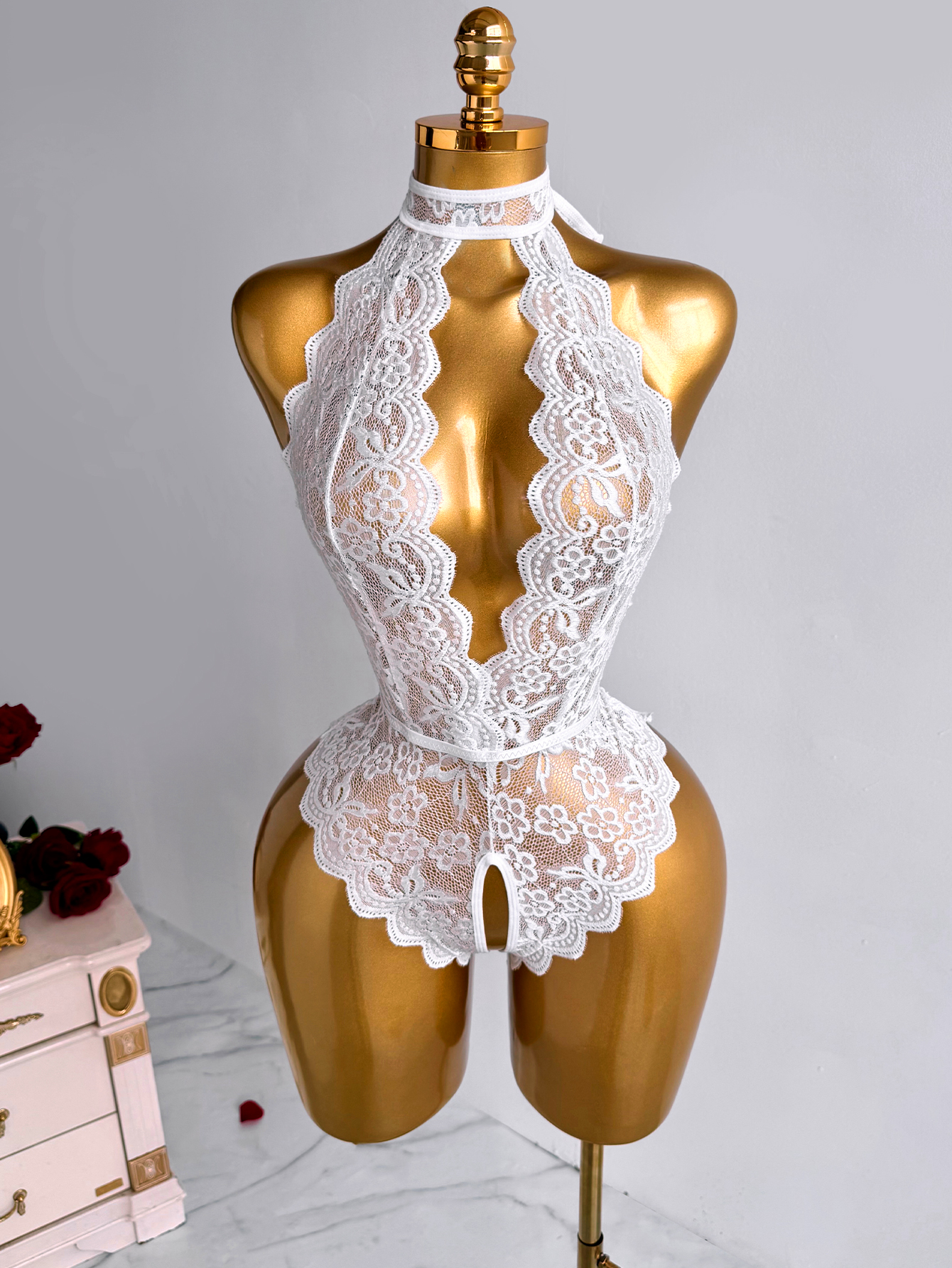 White Halter Neck Floral Lace  - Lace Teddy Lingerie recension och pris